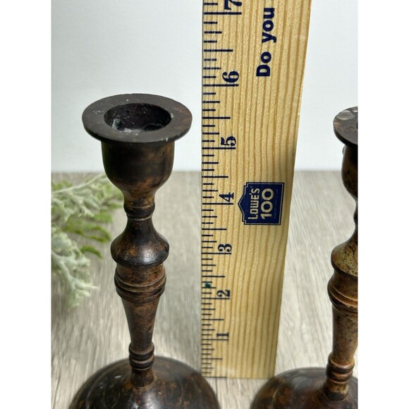 Set Of 2 Vintage Metal Candle Holders India Patina Rustic For Taper Candles 6” - Picture 9 of 9